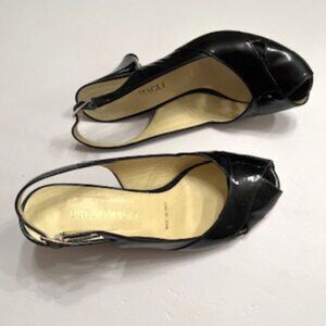 Bruno Magli Black Patent Leather Open Toe Slingback Wedge Sandals Sz 36